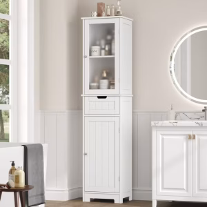 Homfa Bathroom Storage Tower, Narrow Linen Cabinet with Door and Drawers