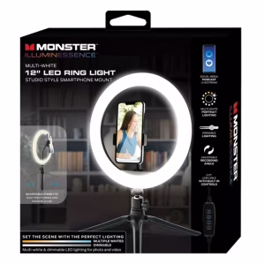 Monster 12 inch Multi White LED Ring Light, Clip-on Phone Mount, Live Videos, Vlogging, USB Port